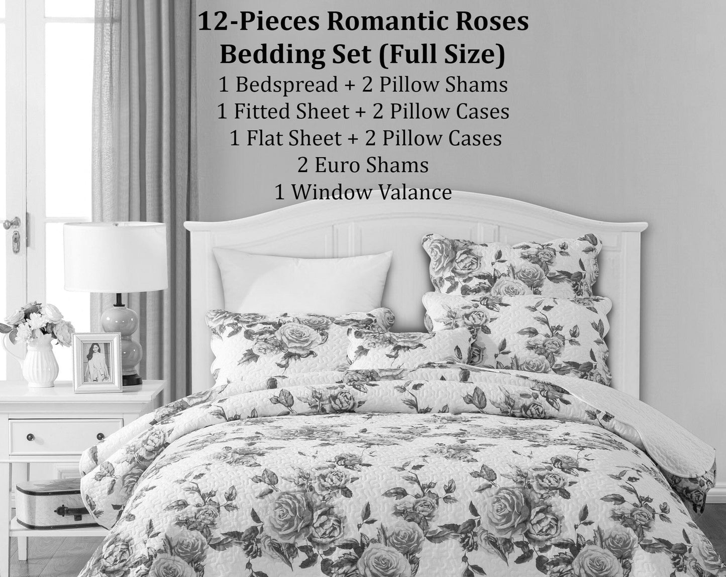 Bedding Bed in a Bag Bundle Set - Romantic Roses Lovely Blooming Floral Bedding Set (JHW-879)