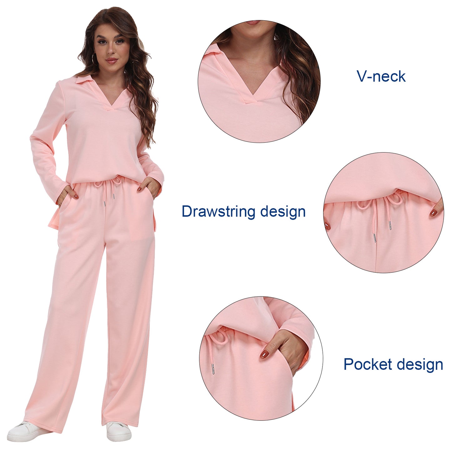 RONGTAI 2 Piece Outfits Sweatsuit For Women Casual Long Sleeve V Neck Pullover Tracksuit Solid Soft Comfy Tracksuits Set