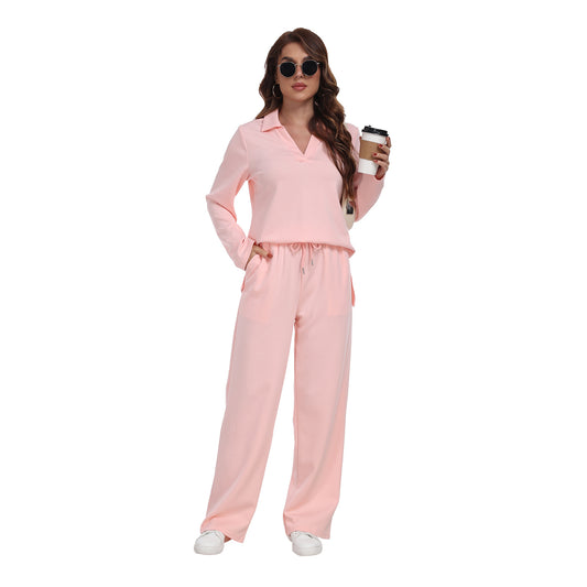 RONGTAI 2 Piece Outfits Sweatsuit For Women Casual Long Sleeve V Neck Pullover Tracksuit Solid Soft Comfy Tracksuits Set