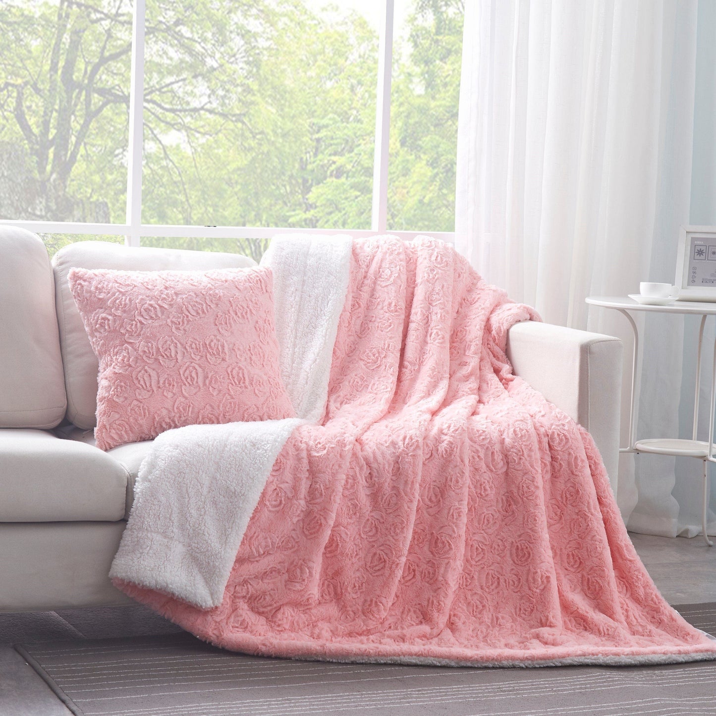 Bedding Rosey Pastel Blossom Pink Faux Fur Euro Throw Pillow Cover (171752)
