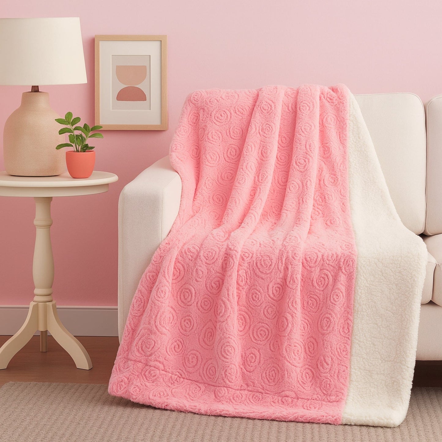Bedding Luxury Blossom Pink Rose Buds Pink Sherpa Backside Faux Fur Throw Blanket (BL-171752)