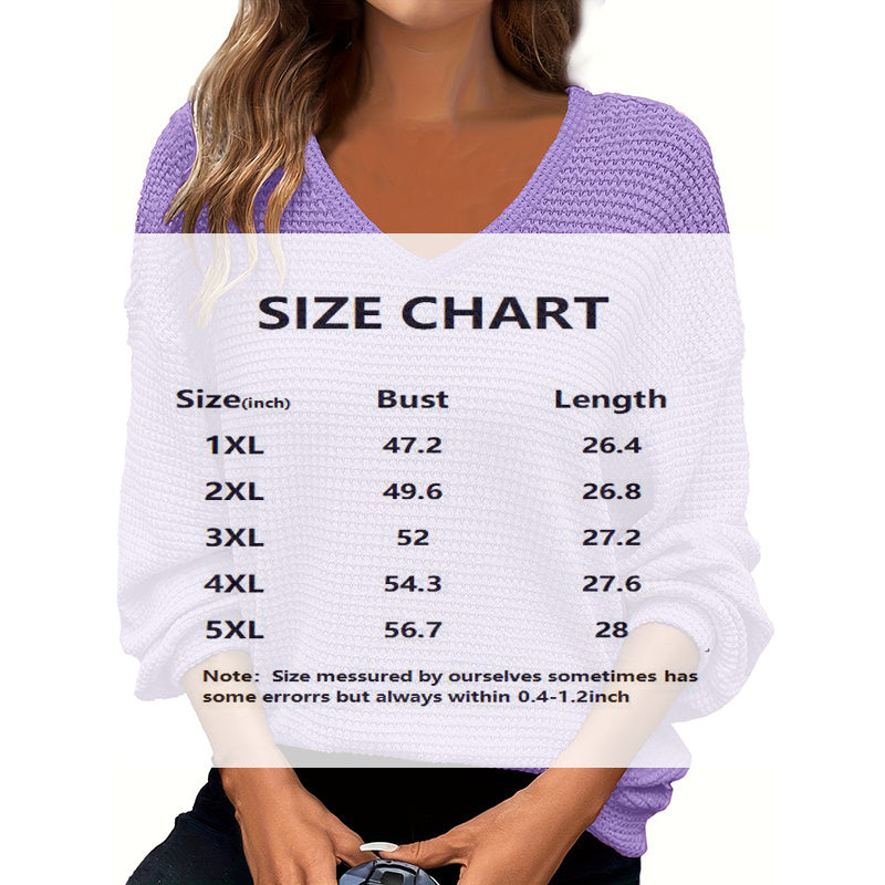 Plus Size Women's Casual V-Neck Pineapple Texture Knit Top Solid Color Long Sleeve Breathable Pullover For Spring Fall